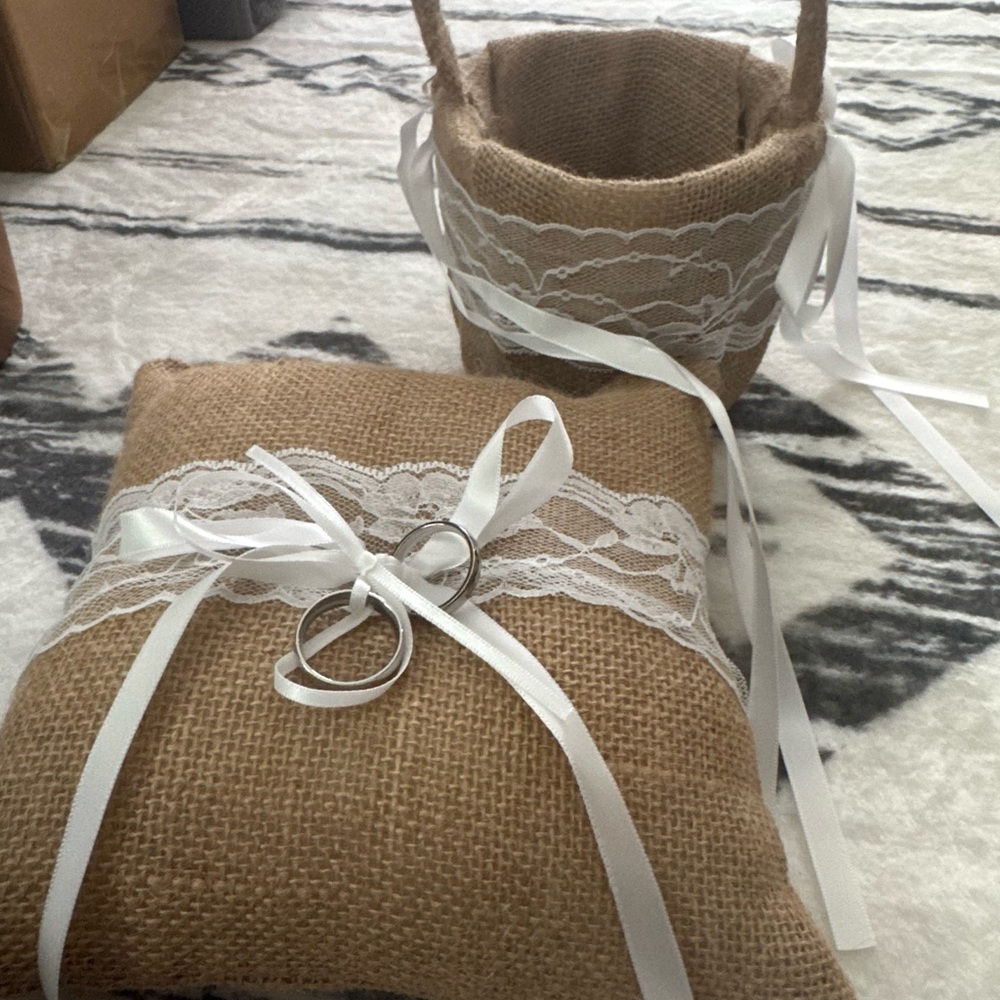 Rustic Burlap Ring Bearer Pillow and Basket Set